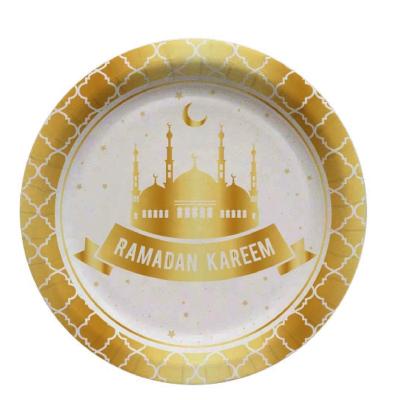 China Disposable Eid Mubarak Tray Eco-friendly Dish 9 Inch Black Ramadan Round Dish Paper Plates Cups 240017 for sale