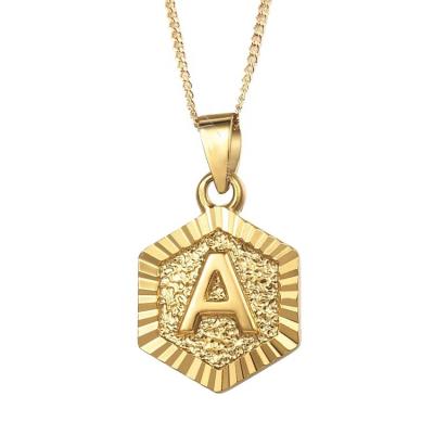 China Z Hexagon Disc Stainless Steel Hypoallergenic Initial Letter A Pendant Jewelry Gold Plated WATER-WAVE Chain Necklaces for sale