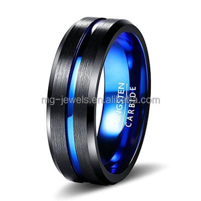 China Magic Jewelry Tungsten Carbide Ring 8mm High Polished Black Blue Center Fluted Beveled Edges Mens Wedding Band Comfort Fit for sale