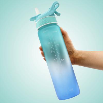 China Amazon 2021 32oz 1L Tritran Spray Viable Motivation Leakproof Water Bottle With Time Marker And Straw for sale