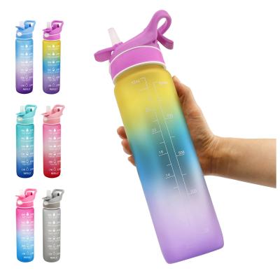 China 2021 New Design 32oz 1L Tritran Spray Viable Motivation Leakproof Water Bottle With Time Marker And Straw for sale