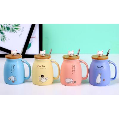 China Viable Bestseller Amazon Cat Cup Cute Ceramic Coffee Mug with 3d Kitten Wooden Lid Stainless Steel Spoon Cute Novelty Birthday Gift for sale