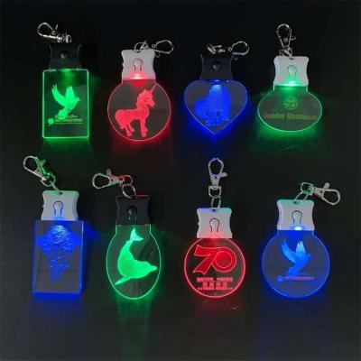 China Acrylic +ABS+metal Customized Acrylic 3D Laser Engraved LOGO Shape LED Key Ring Holder LED Light Key Chain for sale