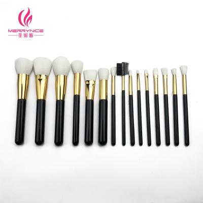 China Angular Blush Merrynice 15pcs golden black wood handle aluminum ferrule synthetic hair makeup brushes set for sale