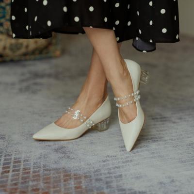 China 2020 Light Dance Anti-slippery Chunky Heel Pearls Straps Wedding Shoes Block Heel Shoes Women for sale