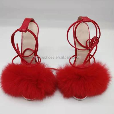 China Anti-Smell Lace Up Clear Heel Fashion Fox Fur High Heel Sandals Beautiful Women Sandals for sale