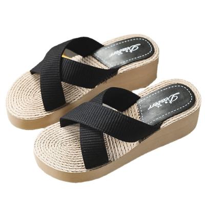 China New Style Ladies Anti-slippery Travel Summer High-heeled Sandals Outside Wear Flip-flops Fails Fashion Slope-heel Slippers for sale