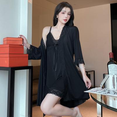 China New Breathable Summer Sleepwear Women Ice Silk Halter Nightgown With Two Sets Of Dress Nightgown Satin Home Pajamas Wholesale for sale