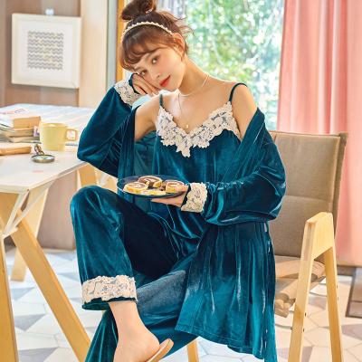 China Pleuche breathable pajamas for women spring 2022 autumn new fashion Korean three-piece set sexy casual home wear luxury sleepwear for sale