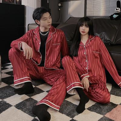 China Breathable Snow Silk Sleepwear ICE Long Sleeve Pijamas 2 Piece Plaid Men s Pajamas Pants Set For Couples Polyester Pajamas for sale