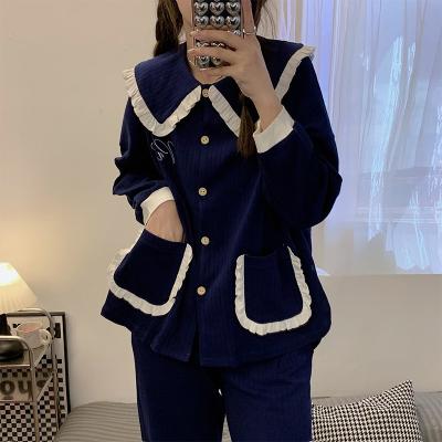 China Spring Breathable Summer New Factory Printing 100% Cotton 2 Pieces Set Long Sleeve Pants Ladies Pajamas Set Women Cute Pajamas for sale