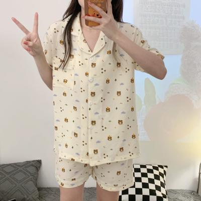 China QUICK DRY home wear summer home silk cotton thin sleeve shorts print set pajamas 2022 new artificial women's cotton for sale