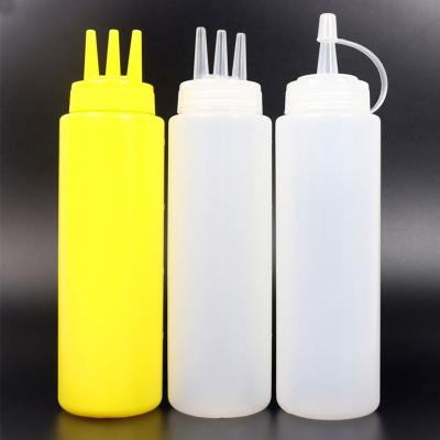 China food & Plastic Sauce Bottles Plastic Beverage Packaging 3 Spouted Sauce Bottle With Spout Twist Top Cap for sale