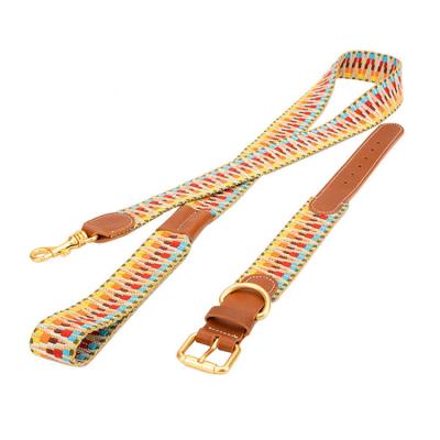 China Wholesale New Arrival Lights Handmade Genuine Leather Dog Collars With Leash Cowhide Soft Strap Sheer Dog Leash for sale