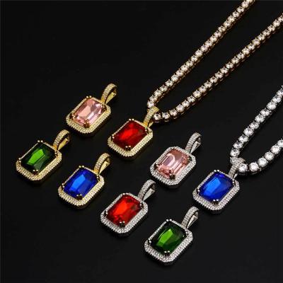 China Vintage European Style Zircon Jewelry Extra Large Square Color Solid Gemstone Pendant Hip Hop Chains With Copper Buckle for sale