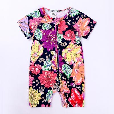 China 2021 Cotton Baby Girl Floral Printed Soft Short Sleeve 100% Zippered Romper for sale