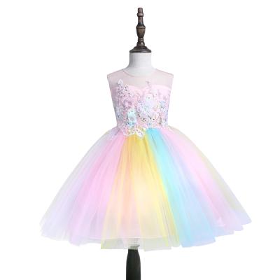 China Girls Breathable Mesh Lace Sleeveless Rainbow Party Dress Birthday Dress for sale