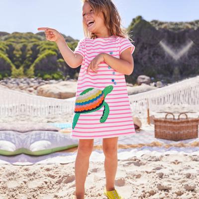 China Breathable Children Clothing Kids Pink Stripe Appliques Trim Girls Short Sleeves Cotton Dress For Summer for sale