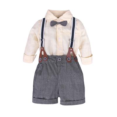 China Anti-Static Newborn Baby Clothes Little Boy Suspender Skirt Handsome Infant Gentleman College Wind Strap Suits Casual Toddler Clothing Sets for sale