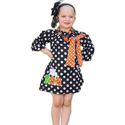 China 2021 Breathable Babies Horn Sleeves Kids Halloween Boutique Kids Long Drop Polka Dot Printing Bow Dress Outfits for sale