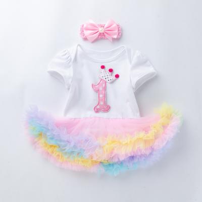 China New Baby Romper Lace Outfit 1st Birthday Party Tutu Dress Breathable Rainbow Romper Lace Top Skirt Set 2Pcs For Summer for sale