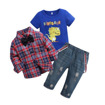 China Hotsales Breathable Kids Clothing Sets Eco-Friendly Hotsales Long Sleeve Plaid Shirt Print T-shirt Jeans 3Pcs Boys Kids Suits For Spring for sale