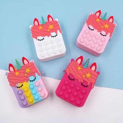 China Funny Educational Toy Unicorn Stress Relief Popit Fidget Unicorn Pop Fidget Purse Educational Shoulder Bag for Kids for sale