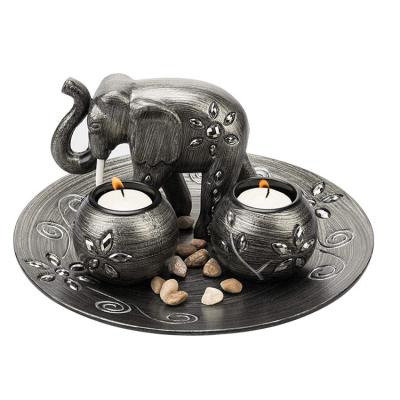 China Home Decorative Candle Tray Polyresin Decorative Gunmetal Gray Elephant and Tealight Candle Holder Dish for sale