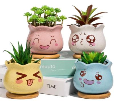 China Modern Succulent Plant Pot 4pcs Cactus Plant Pot Ceramic Flower Pot With Bamboo Tray for sale