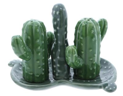 China Sustainable Ceramic Salt And Pepper Shakers Collectors Kitchen Decor With Tray Cactus for sale