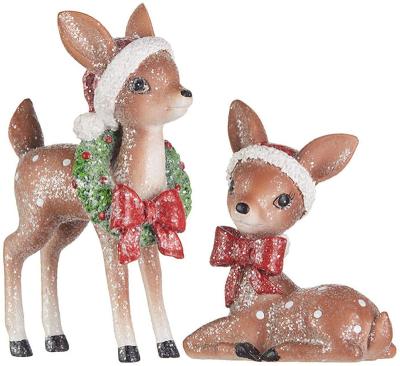 China India Polyresin Reindeer Set / 2 Glitter Christmas Reindeer with Santa Hats and Braiding Retro Vintage Style Decor for sale