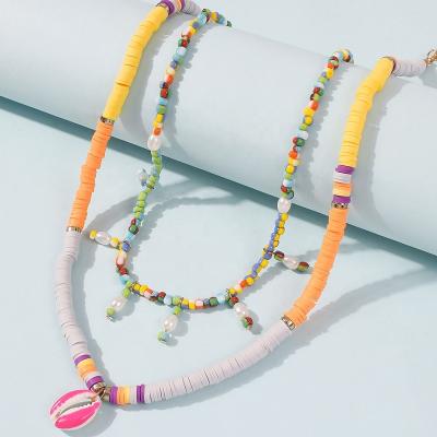 China New Summer BOHEMIA Light Jewelry Colorful Multilayer Pearl Necklace Shell Pendant Rice Bead Choker Holiday Simple Style for sale