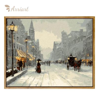 China Top Selling Pure Hand Painted Snow City Landscape Diy Painting By Numbers Landscape Digital Painting On Canvas for sale