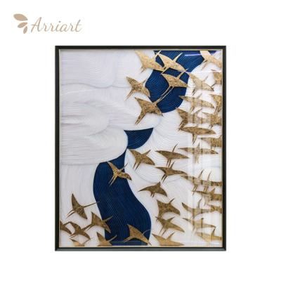 China Modern Minimalist Acrylic Cardboard Gold Foil Bird Solid Art Picture Frame Installation Wood Physical Painting for sale