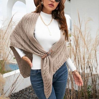 China Anti-pilling Women's Solid Knit Shawl Solid Color Fluffy Sweater Shawl With Leather Buckle for sale