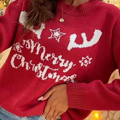 China Anti-pilling Christmas Pattern Drop Shoulder Sweater Knitted Sweater Pullover Women's Sweaters for sale