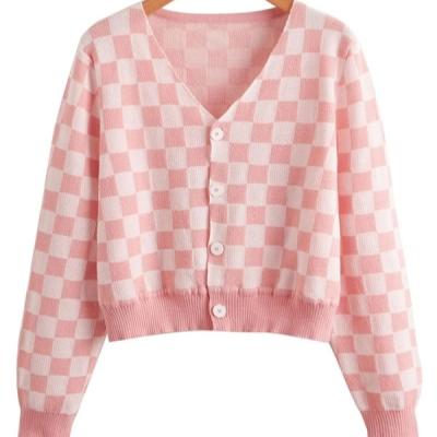 China Checkered Pattern Anti-Pilling Buttoned Cardigan Knitted Coat Women's Sweaters Cardigan Sweater for sale