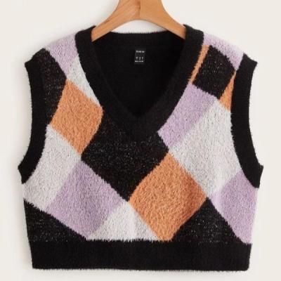 China Anti-pilling Geometric Pattern Colorblock V-Neck Sweater Invest Casual Knitted Top Sleeveless Vest Women Invest for sale