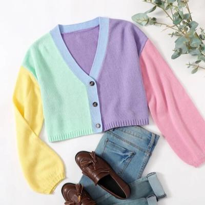 China Anti-wrinkle 2021 fall new button up cardigan knit for women quilted cardigan contrast color casual cardigan sweaters contrast coat for sale