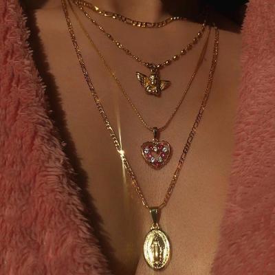 China Women's Environmental Friendly Gold Four Crystal Heart Angel Wings Virgin Rose Layered Mary Necklace Set for sale