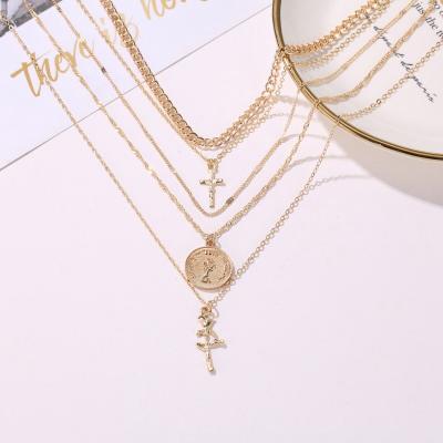 China Vintage Gold Color Coin Cross Rose Flower Pendant Necklace For Women Layered Necklace Sets for sale