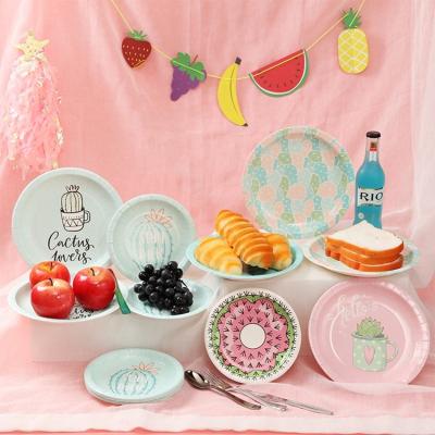 China Eco-Friendly Recycle Cactus Birthday Party Dinner Plate Thickened Disposable Tableware Paper Plate Party Decoration Set for sale