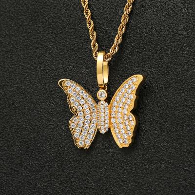 China Color Environmental Friendly Cuban Chain Gold Silver Women Fashion Diamond Butterfly Stainless Steel Pendant Necklace for sale