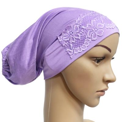 China Hot Selling Breathable Breathable Lace Hood Modal Scarf Lace Turban Quilting Hijab Hat For Muslim Women for sale