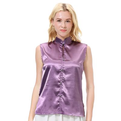 China Lady Simulation Silk Snow anti-pilling anti-pilling sleeveless collared women fashion chat imitated silk fabric blouse satin shirt for sale