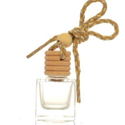 China Personal Care 10ML Car Air Freshener Empty Square Shape Car Perfume Glass Hanging Bottles With Wooden Cap Bottle for sale