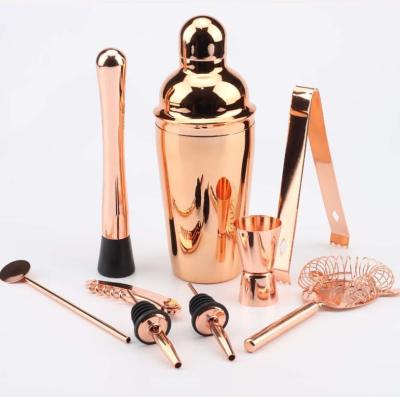 China Disposable Stainless Steel Cocktail Kit Shaker Mixer Drink Bartender Martini Shaker Stirrer Jigger Set with Wooden Stand Barware for sale