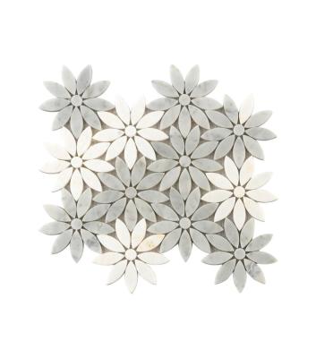 China Parquet Hand Made Customized White Grey Flower Art Pattern Stone Marble Mosaic Tiles for sale