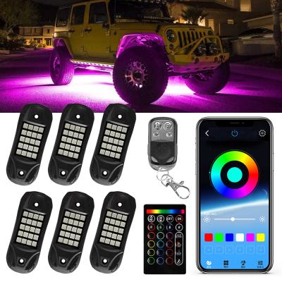 China Car Underglow Neon Lamp 6 Lugs RGB LED ROCK Lights For Jeep Offroad SUV Remote Control Pickup APP Decoration Atmosphere Underglow Light Kit for sale