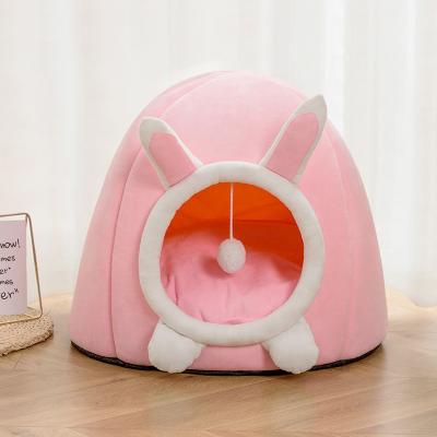 China Sustainable Wholesale Round Cute Cat Bed House Plush Cat Nest Semi-Enclosed Warm Soft Rabbit Flower Animal Shape Pet Bed for Cat Dog for sale